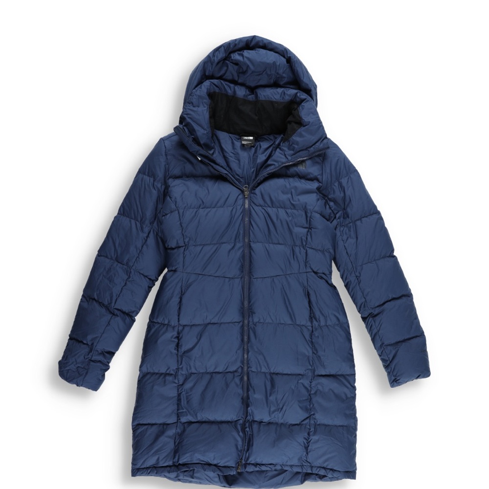 Navy Blue Long Puffer Jacket with Hood and Quilted Design